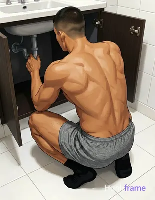 Polished anime style rendering of a shirtless adult man with tanned skin and short dark buzz cut cro