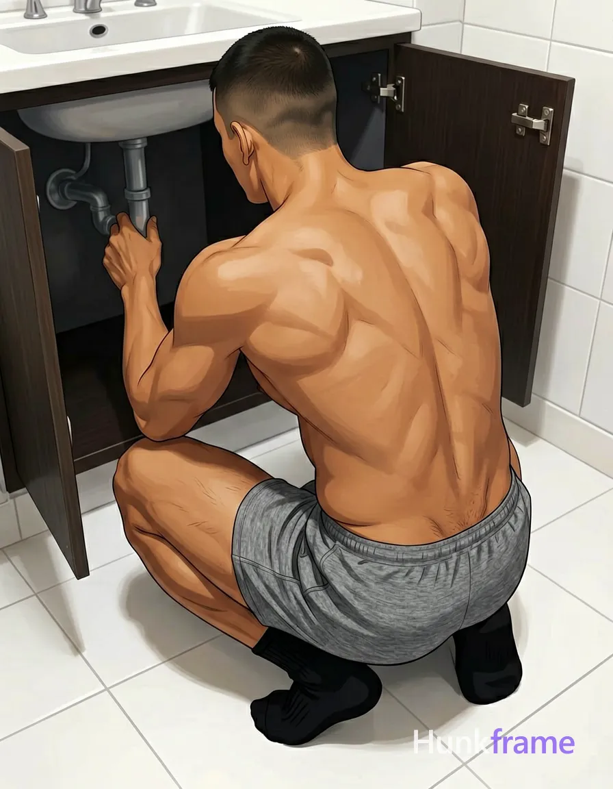 Polished anime style rendering of a shirtless adult man with tanned skin and short dark buzz cut crouching on white tiled floor. Back arched toward open dark cabinet under sink, left arm extended reaching for plumbing pipes inside. He wears grey heathered mid-thigh athletic shorts and black ribbed crew socks. High-angle view from behind highlights defined latissimus dorsi, prominent trapezius, broad shoulders, thick calves, and right thigh. Bright overhead artificial light illuminates skin tones evenly against white tiles and dark cabinet interior in a domestic utility room setting., same aesthetic theme and photo feel as the reference but a different man in a different pose with distinct body proportions, Turkish man, olive skin, aquiline nose, lean hairy chest editorial look, wearing underwear or swim trunks, covered genitals, no frontal nudity, a single uninterrupted photograph only, no written words or typography anywhere in frame, no captions, no app UI, no social-media post layout, no screenshot borders