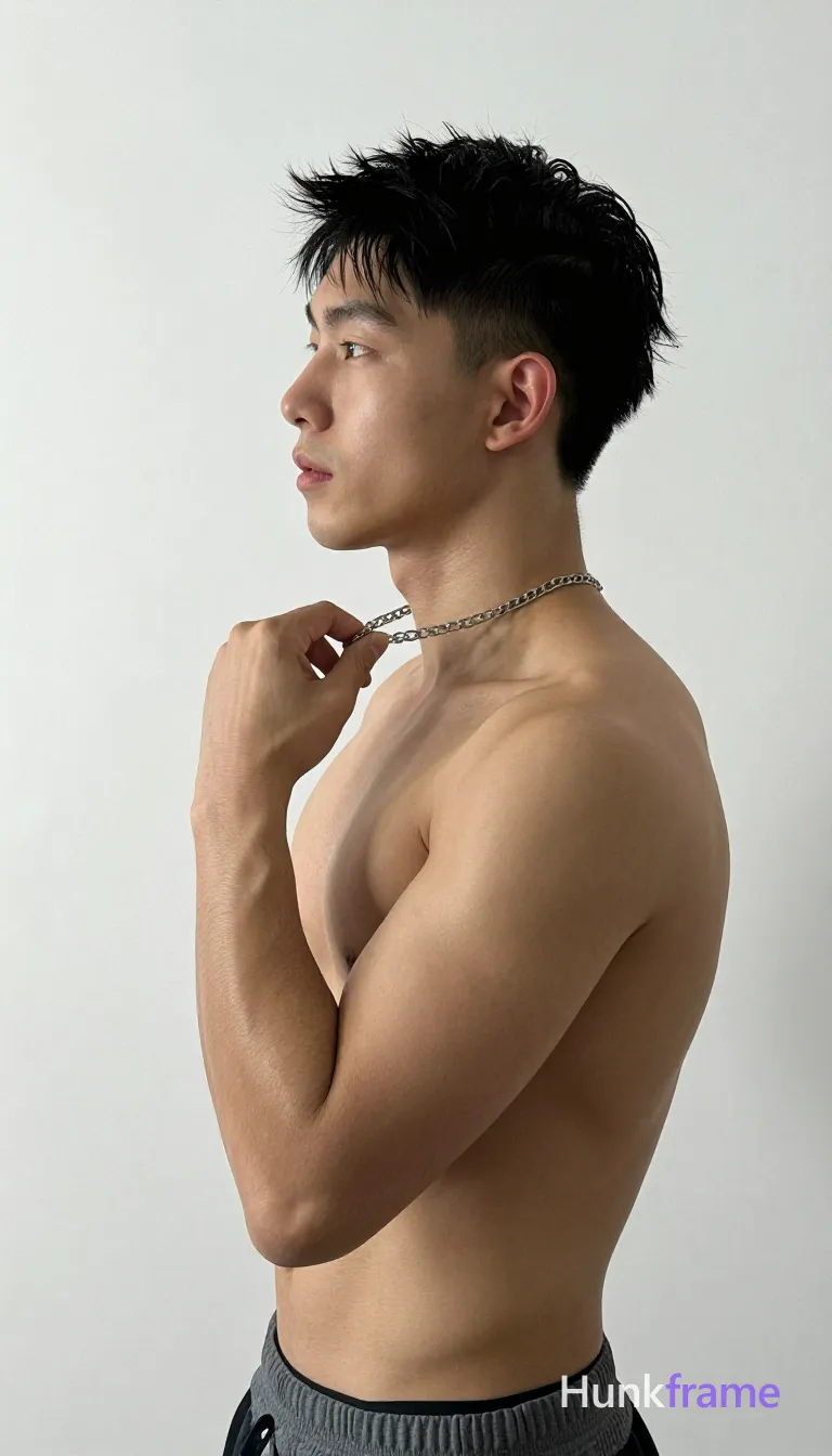 Asian man with short textured black hair and tapered fade stands in profile facing left, shirtless holding a silver chain necklace near his neck; defined pectorals, visible abs, and toned arms against a seamless white studio background; Softbox lighting illuminates his light-to-medium tan skin evenly from mid-thigh up in vertical portrait orientation, shot on iPhone 15 Pro main camera, authentic smartphone computational photography, natural Smart HDR and true-to-life skin texture, vertical 9:16 Xiaohongshu lifestyle feed, bright clean everyday scene, unretouched phone photo with subtle sensor grain, trendy Chinese internet 网红 aesthetic, candid influencer energy; single clean uninterrupted photograph with a cohesive editorial composition and plain continuous surrounding surfaces