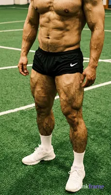 High-angle muscle bear close-up on lower body of shirtless man with thick thighs and defined quadric