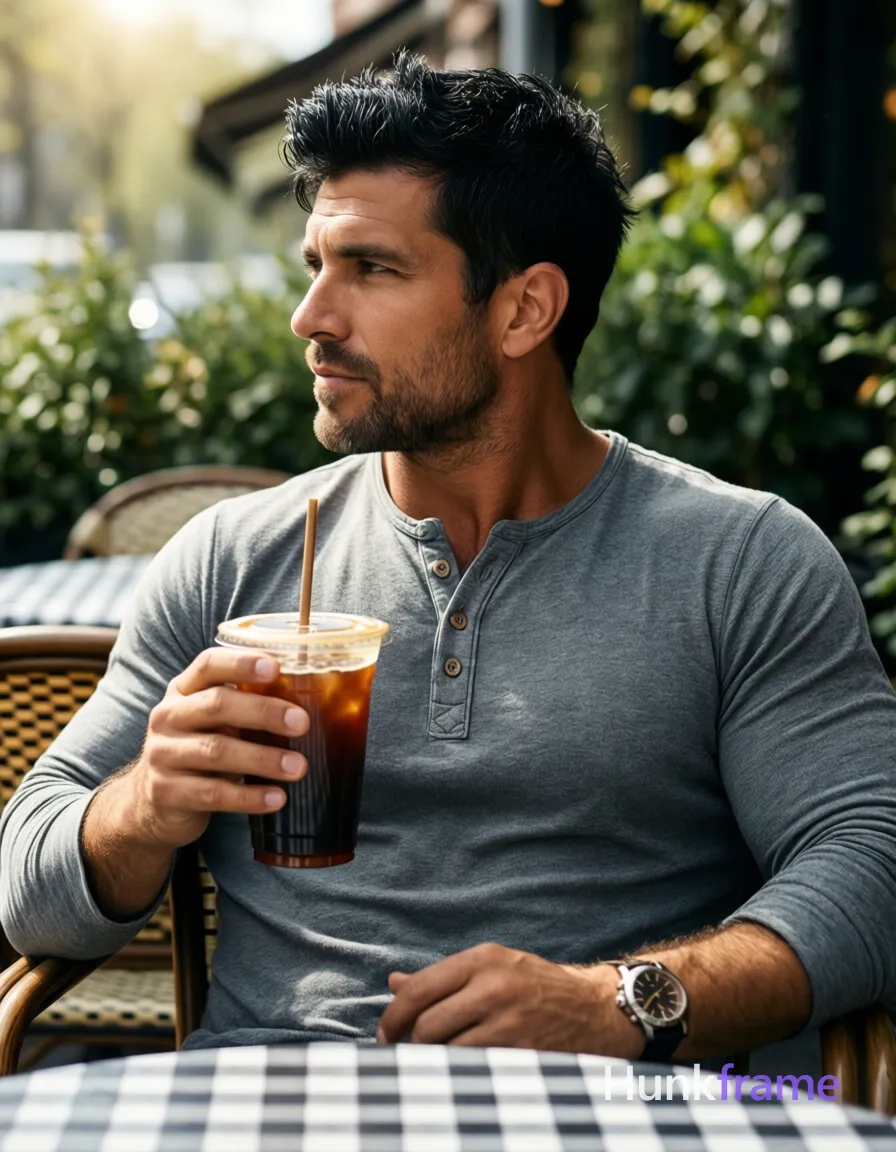 an anonymous figure man with light to medium tan skin and sun-kissed highlights on shoulders, short textured black hair swept forward; Clean-shaven face with neutral contemplative gaze looking left in profile while seated at outdoor café table holding tall plastic cup of iced coffee with straw in right hand; left hand resting on lap near watch; Wearing grey long-sleeve henley shirt with three-button placket fully clothed, lean build physique with bear energy confidence; Waist-up portrait centered medium shot under natural sunlight from upper left casting soft shadows; Shallow depth of field, blurred greenery background, checkered tablecloth visible; Muted earthy palette accented by foliage and coffee brown; Muscle-bear photography style capturing rugged warm masculinity in fine-art composition; FULL GARMENT TEXT REPLACEMENT: remove every source garment word, sentence, slogan, logo, and partial brand spelling from every existing print area, then replace those source marks with only the wordmark, spelled exactly "HF"; This is replacement, Repeated "HF" marks are allowed only where the source garment already had printed text; single clean uninterrupted photograph with a cohesive editorial composition and plain continuous surrounding surfaces