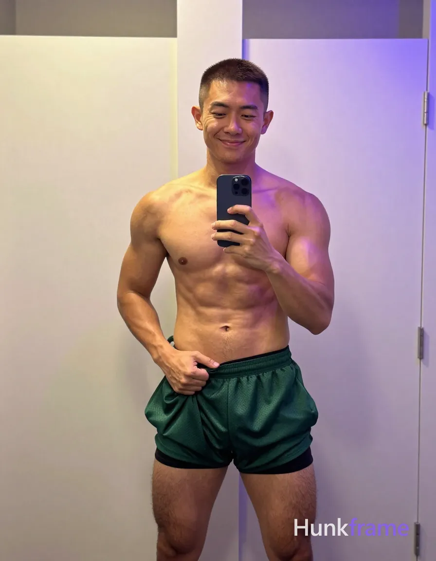 Asian man with short buzz cut dark brown hair and clean-shaven face stands shirtless in front of a large mirror taking a selfie; He wears green mesh athletic shorts mid-thigh length showing black underwear waistband above, exposing chest abdomen hips; Broad shoulders defined pectorals six-pack abs thick thighs visible as he holds dark blue smartphone left hand at chest level right hand gripping waistband smiling relaxed confident; Indoor bathroom dressing room setting with white door background purple ambient glow from right warm overhead light soft highlights slightly grainy texture vertical full-body shot head to mid-thighs center-left composition mirror reflection fills background, same aesthetic theme and photo feel as the reference but a different man in a different pose with distinct body proportions, Filipino man, golden brown skin, warm smile lines, compact muscular build; single clean uninterrupted photograph with a cohesive editorial composition and plain continuous surrounding surfaces