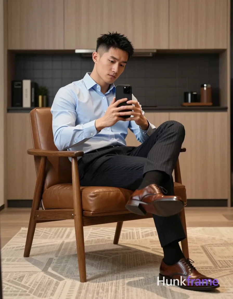 Asian man, light-medium skin, short black hair textured top faded sides clean neckline, clean-shaven face focused neutral expression viewing phone screen; Seated sideways in brown leather armchair with wooden frame, left leg crossed over right knee, torso angled toward camera mirror reflection; Wearing light blue long-sleeve button-down shirt top 2-3 buttons undone, dark pinstripe trousers, black dress socks, brown leather cap-toe oxford shoes; Holding black smartphone both hands chest level thumb on screen taking selfie or reviewing photo; Full-body seated shot knees up to head center-right composition; Modern apartment light wood cabinetry dark tiled backsplash beige geometric rug contemporary furniture; Soft ambient indoor lighting warm highlights face and shirt overhead source; Clean lines minimalist interior design high-end fashion editorial aesthetic calm composed sophisticated mood portrait orientation, shot on iPhone 15 Pro main camera, authentic smartphone computational photography, natural Smart HDR, vertical 9:16 Xiaohongshu lifestyle post, bright clean gym or cafe scene, wardrobe matching reference outfit, confident everyday blogger pose, phone photo with natural grain, phone held; single clean uninterrupted photograph with a cohesive editorial composition and plain continuous surrounding surfaces