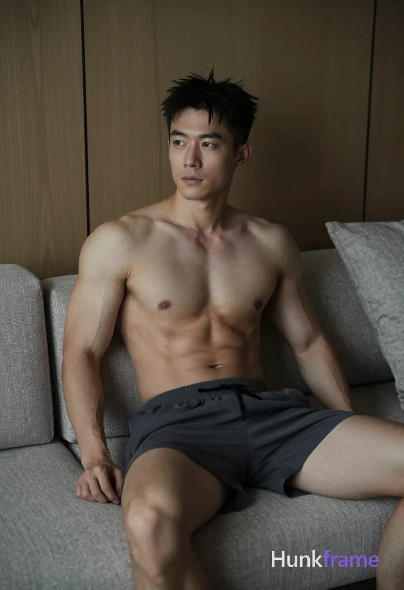 Photograph of exactly 1 adult man. Man 1: Asian, light to medium tan, oval with defined jawline, short, dark brown/black, textured and slightly tousled, hairline receding at temples, length above ears and nape, clean-shaven. Man 1 has fully exposed eyes, eyebrows, temples and nose bridge. Athletic Asian man with defined pectorals, abs sits shirtless on a modern sofa. Seated sideways with left arm along backrest while right hand rests loosely on thigh. Dark gray athletic shorts featuring black elastic waistband, drawstring detail only. Vertical portrait framing from upper chest to lower thighs centered in the frame. Indoor living space with wood-paneled walls, light gray modular sofa, neutral cushions. Soft directional ambient lighting sculpted to highlight muscular contours of torso and legs. Fine-art photography aesthetic with muted grays warm browns intimate contemplative mood
