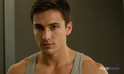 A shirtless man with short hair looking directly at the camera, broad shoulders 