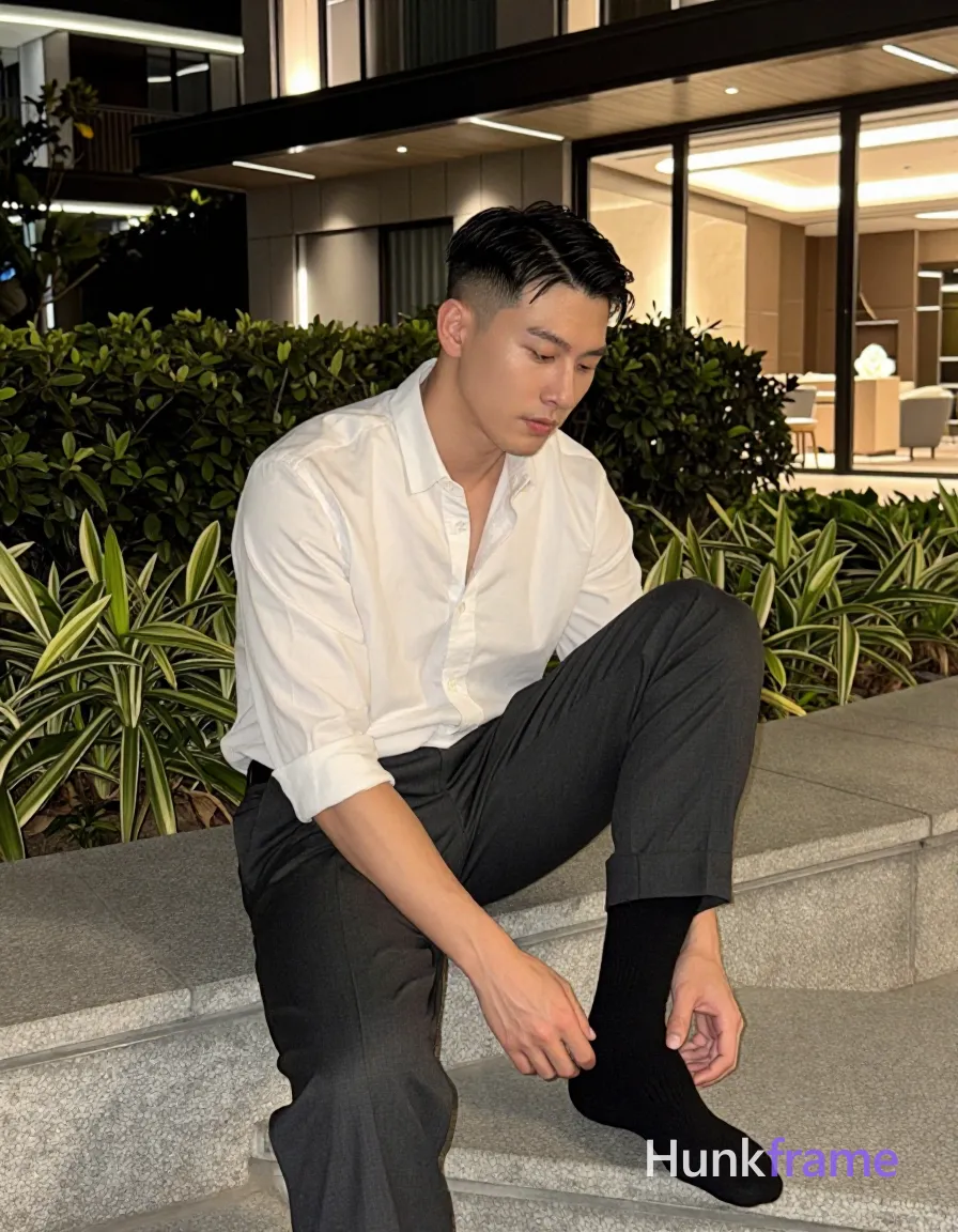 Asian adult man with short dark straight side-parted hair and clean-shaven face, seated on stone ledge outdoors at night; He wears a white long-sleeved button-up shirt sleeves rolled to forearm and dark grey tailored trousers cuffed at ankle adjusting black sock on left foot with both hands while right knee is bent; Artificial ambient lighting from building facade illuminates the scene against manicured greenery and illuminated architectural features creating a sophisticated polished mood, shot on iPhone 15 Pro main camera, authentic smartphone computational photography, natural Smart HDR, vertical 9:16 Xiaohongshu lifestyle post, bright clean gym or cafe scene, wardrobe matching reference outfit, confident everyday blogger pose, phone photo with natural grain; single clean uninterrupted photograph with a cohesive editorial composition and plain continuous surrounding surfaces