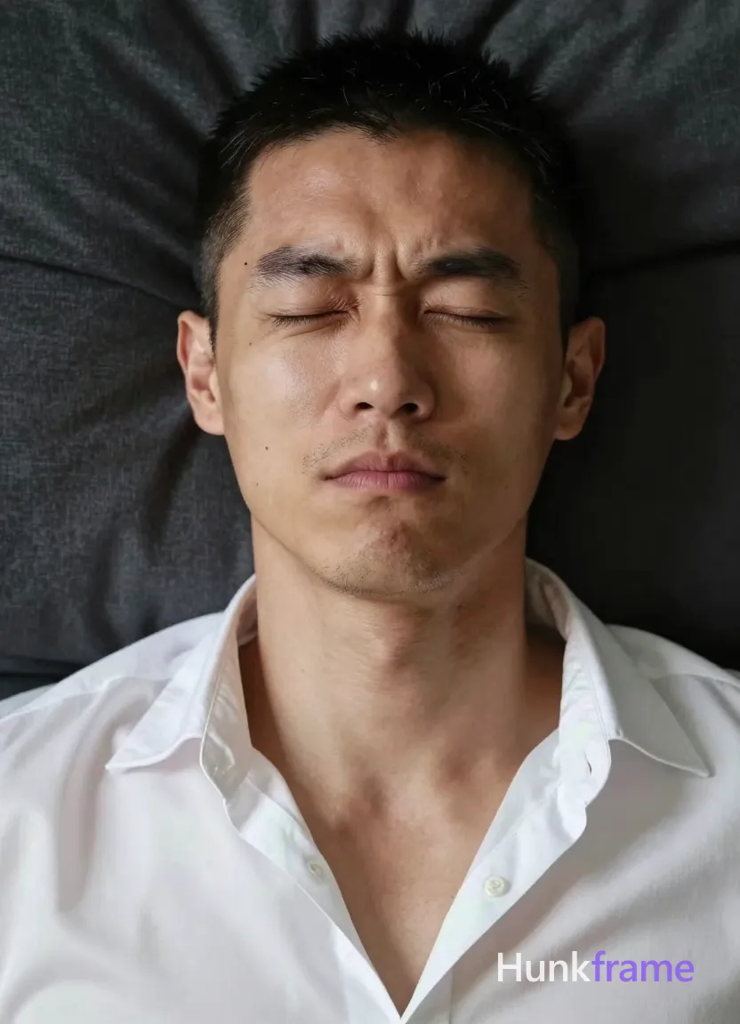 Photograph of exactly 1 adult man. Man 1: East Asian, light to medium tan with natural texture and pores visible under soft lighting, oval with defined jawline, short buzz cut, black, straight texture, even length all around, light stubble on chin and jawline, sparse mustache area, clean-shaven cheeks, small mole on left cheek near eye corner. Man 1 has fully exposed eyes, eyebrows, temples and nose bridge. lean build with light medium tan skin texture. lying supine grimacing eyes tightly shut waking abruptly. white satin button-down shirt deep V-neck exposing upper chest. close-up portrait centered vertical 13:19 crop shoulders to forehead. indoor bedroom dark fabric pillow background soft directional lighting. soft front-left light creating subtle shadows on face neck. fine-art photography high-resolution skin detail naturalistic expressions