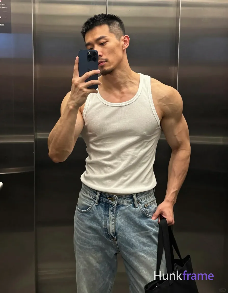 Asian man with short black buzz cut and slight upper lip stubble, highly muscular build with prominent arm vascularity; Standing upright facing slightly left in an elevator mirror reflection, right hand holding dark blue smartphone against cheek for selfie, left hand gripping black tote bag handle at hip level; Wearing white ribbed muscle tank top exposing bare shoulders and deltoids, light-wash denim jeans with button fly; Vertical full-body crop from head to mid-thighs; Soft ambient indoor lighting highlights skin texture on brushed stainless steel walls; Naturalistic smartphone color grading, confident homoerotic aesthetic; single clean uninterrupted photograph with a cohesive editorial composition and plain continuous surrounding surfaces
