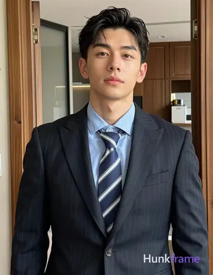 He wears a dark navy pinstripe suit jacket over a light blue dress shirt buttoned to the neck, paire