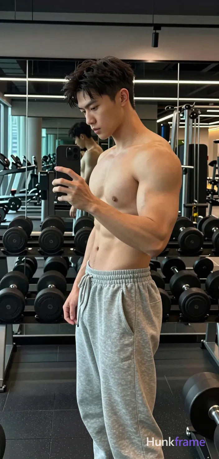 Asian man with light medium tan skin, short dark wavy hair tapered sides, clean shaven face neutral serious gaze at phone screen; Standing profile facing left holding black smartphone both hands against chest for gym mirror selfie reflection; Shirtless bare chest abdomen arms defined pectorals abdominal definition prominent biceps triceps thick thighs wearing light gray sweatpants elastic waistband drawstrings no socks shoes visible; Modern fitness center interior rows dumbbells racks mirrored walls reflecting equipment cityscape view outside windows overhead track lighting fixtures mounted ceiling beams creating even illumination subtle shadows accentuating musculature definition high-resolution smartphone photography naturalistic color grading vertical portrait orientation capturing subject from thighs up to top of head fine-art fashion editorial composition dramatic lighting sculpted pose homoerotic aesthetic premium masculine display; single clean uninterrupted photograph with a cohesive editorial composition and plain continuous surrounding surfaces