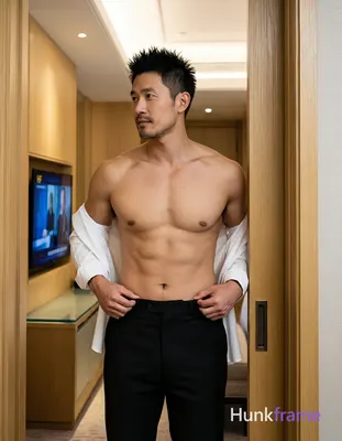 Asian man with short spiky black hair, light-medium skin tone, clean-shaven chin and upper lip with 