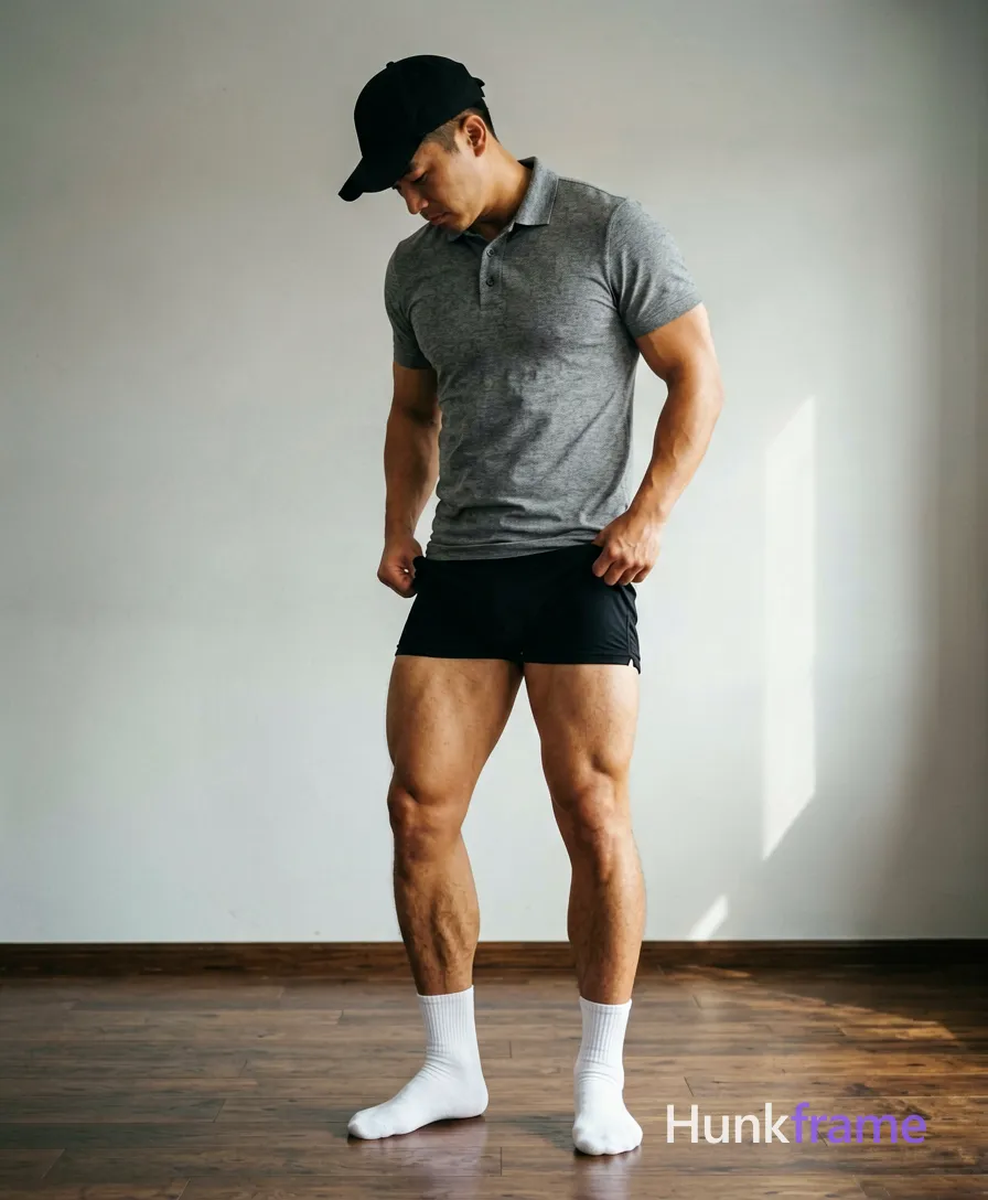 An athletic adult male with light to medium tan skin stands sideways in a clean-lined indoor space, head bowed beneath a black baseball cap; He is captured mid-action pulling up his black athletic shorts with both hands, waistband rising above the knee on one side while he balances weight onto his right leg; His physique features broad shoulders and thick thighs visible below the hem of a heather grey short-sleeve polo shirt buttoned to the second collar; White crew socks complete the look against dark wood flooring illuminated by soft directional natural light from the right; securely fitted underwear or swim trunks with complete frontal coverage; single clean uninterrupted photograph with a cohesive editorial composition and plain continuous surrounding surfaces