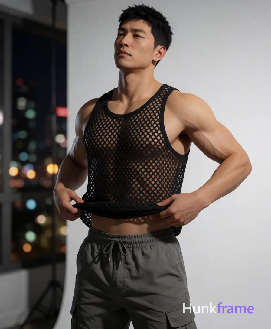 Asian adult man with light medium tan skin sheen and black short textured crop hair, clean-shaven face serene expression eyes closed head tilted back; Standing upright torso angled left pulling up black sheer diamond-patterned mesh tank top exposing chest abs waistband mid-thigh grey cargo pants drawstring waist hands gripping edges outward athletic anatomy expressive face polished anime 2.5D next-gen 3D game art style indoor night city lights bokeh white wall dramatic directional front-right lighting high contrast fine-art photography aesthetic confident intimate mood; single clean uninterrupted artwork with a cohesive composition and plain continuous surrounding surfaces
