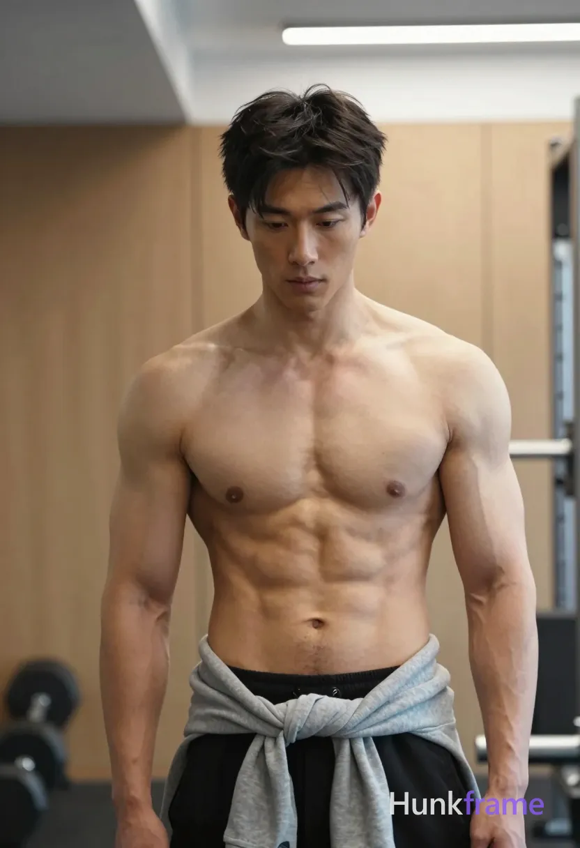 Photograph of exactly 1 adult man. Man 1: Asian, light tan, oval with defined jawline, short dark hair, slightly tousled texture, clean-shaven, small mole on left pectoral area. Man 1 has fully exposed eyes, eyebrows, temples and nose bridge. Broad shoulders, defined abs on light tan Asian man. Standing upright head tilted downward neutral contemplative expression. Shirtless bare chest black cargo pants gray hooded sweatshirt draped waist. Vertical portrait framing top of head to upper thighs center-left foreground. Indoor gym environment wooden paneling weight rack dumbbell on floor background. Soft overhead ambient light casting subtle shadows across sculpted torso and arms. Fine-art photography aesthetic clean composition natural lighting minimalist mood