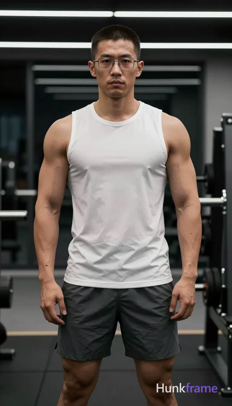 an anonymous figure man with light to medium tan skin and short dark brown buzz cut, wearing rectangular wire-frame glasses with thin metallic rims; He stands upright facing camera with slight forward lean in a white sleeveless athletic tank top and dark gray mid-thigh shorts; Broad shoulders, defined pectorals, vascular arms, thick thighs, well-defined calves are sharply focused under high-contrast studio lighting; Indoor gym setting with weight racks and glass walls showing night exterior; Cool ambient light from overhead LED strips casts dramatic shadows on his muscular physique; Slightly desaturated color grading emphasizes white and black palette; Full body centered shot in vertical portrait orientation; The adult man visibly wears rectangular wire-frame glasses with thin metallic rims and clear lenses; worn on face on his face; preserve the exact frame shape, rim style, color, material, and lens tint; single clean uninterrupted photograph with a cohesive editorial composition and plain continuous surrounding surfaces