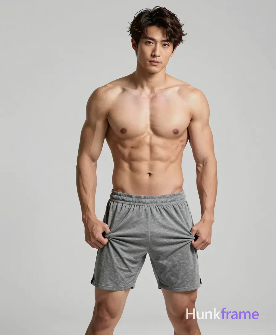 An adult masculine man in polished anime style stands upright with torso slightly turned right, hands gripping waistband of grey heathered athletic shorts pulling them down mid-thigh; He is shirtless revealing defined pectorals and abdominal muscles against a plain light background; Short wavy dark brown hair frames his clean-shaven face as softbox frontal lighting highlights the physique in high-contrast studio photography, same aesthetic theme and photo feel as the reference but a different man in a different pose with distinct body proportions, Chinese man, light tan skin, high cheekbones, lean wiry martial-arts physique; single clean uninterrupted artwork with a cohesive composition and plain continuous surrounding surfaces