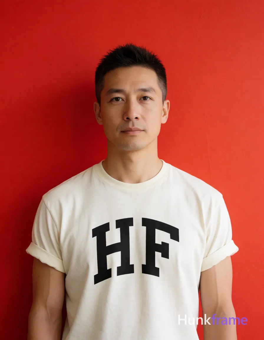 an anonymous figure adult man with short spiky dark brown hair fading to a tight buzz, clean-shaven face and neutral composed expression; He stands upright facing the camera with a slight forward lean against a solid bright red wall background; Wearing an off-white crew-neck t-shirt with black arched text reading 'HF' across the chest, sleeves rolled to mid-bicep showing defined biceps and triceps on broad shoulders; Waist-up portrait centered vertically; Soft frontal illumination creates subtle shadows under chin and nose; High contrast composition between natural skin tones and saturated red background; Clean fine-art photography with minimal retouching; The image is cropped slightly higher at the chest, emphasizing the rolled sleeves and upper torso tension against the bold color field; FULL GARMENT TEXT REPLACEMENT: remove every source garment word, sentence, slogan, logo, and partial brand spelling from every existing print area, then replace those source marks with only the wordmark, spelled exactly "HF"; This is replacement, Repeated "HF" marks are allowed only where the source garment already; single clean uninterrupted photograph with a cohesive editorial composition and plain continuous surrounding surfaces
