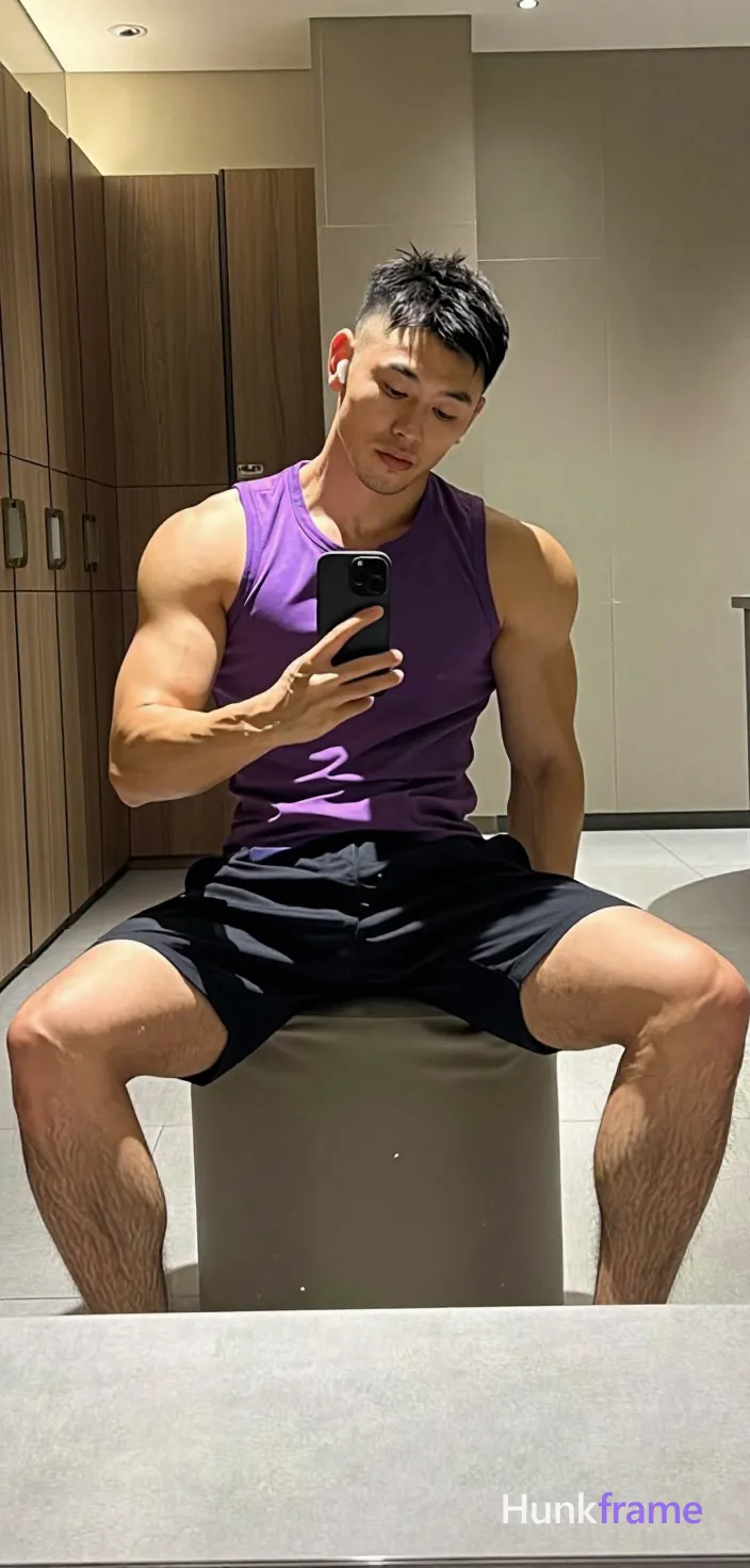 Asian man with short black buzz cut and light stubble sits on a cylindrical ottoman in a gym locker room, holding a black smartphone with both hands for a mirror selfie; He wears a tight purple sleeveless athletic tank top exposing his chest and abdomen, paired with mid-thigh black compression shorts showing thick thighs and muscular calves; The composition is vertical portrait 13:19, slightly tilted angle capturing the reflection in the mirror; Soft ambient indoor lighting from overhead fixtures illuminates light-medium skin tones against beige walls and wood paneling; Natural phone-camera aesthetic with confident casual mood, shot on iPhone 15 Pro main camera, authentic smartphone computational photography, natural Smart HDR and true-to-life skin texture, vertical 9:16 Xiaohongshu lifestyle feed, bright clean everyday scene, unretouched phone photo with subtle sensor grain, trendy Chinese internet 网红 aesthetic, candid influencer energy, phone held naturally in one hand for selfie, phone visible in frame; single clean uninterrupted photograph with a cohesive editorial composition and plain continuous surrounding surfaces