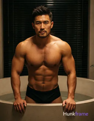 Photograph of exactly 1 adult man. Man 1: Asian, tanned, square jawline with defined cheekbones, sho