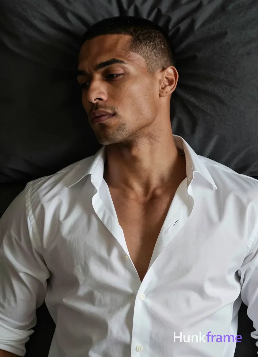 an anonymous figure man with light to medium tan skin texture and pores, short black buzz cut, light stubble on chin; Lying supine on back in a dark bedroom setting, head tilted slightly left against pillow shoulders relaxed; Wearing white satin button-down shirt with wide collar and deep V-neck exposing upper chest only; Soft directional lighting from front-left creates subtle shadows on right side of face; High-resolution skin detail, minimalist composition tight framing on expressive grimacing face and torso; Muscle bear photography style, same aesthetic theme and photo feel as the reference but a different man in a different pose with distinct body proportions, Black man, deep brown skin, cropped hair, broad shoulders, boxer physique not bodybuilder; single clean uninterrupted photograph with a cohesive editorial composition and plain continuous surrounding surfaces