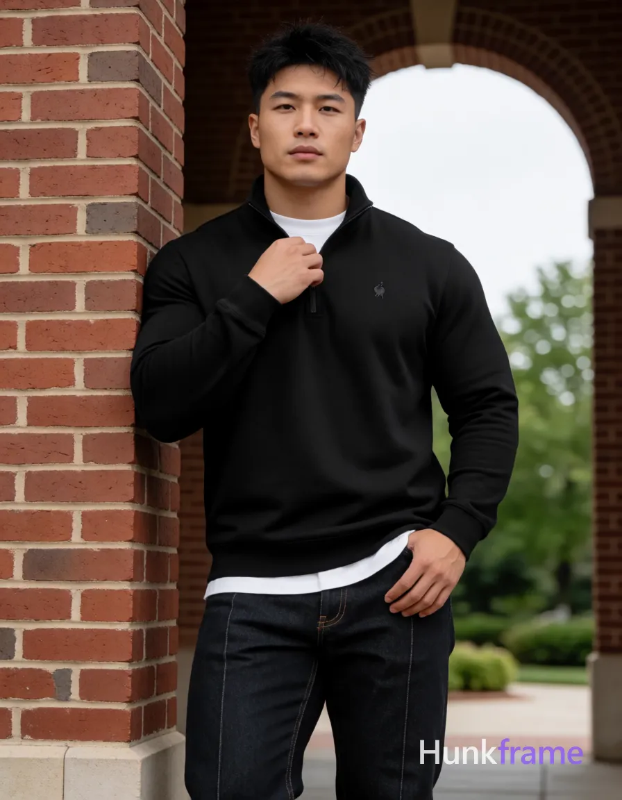 Heavily muscular adult man with substantial muscle mass, wide shoulders, thick neck, large chest and arms, powerful thighs, and dense bodybuilding proportions; Asian man, light-medium skin, short textured black hair styled upward at the crown with tapered sides and slight flyaways, clean-shaven smooth chin; Standing upright leaning against a red brick pillar on his right side, left hand resting near hip pocket, right hand adjusting collar of black long-sleeve quarter-zip pullover with small embroidered logo on left chest; White crew-neck undershirt visible at neckline and hemline covering upper chest below neck but not the full torso; dark wash denim jeans with visible stitching along front seams from head to mid-thighs; Full-body shot vertical portrait orientation, center-left framed between brick pillar and open archway revealing green trees under overcast sky; Soft diffused daylight highlighting fabric texture and facial structure; Clean composition with strong architectural lines framing subject; Athletic photography style emphasizing defined shoulders and arms in heavily muscular build; single clean uninterrupted photograph with a cohesive editorial composition and plain continuous surrounding surfaces