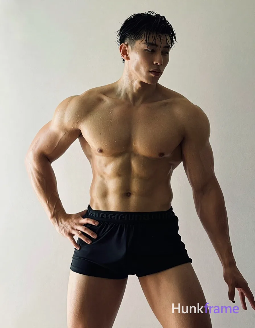 Asian man with light to medium tan skin glistening from water droplets He is shirtless showing broad shoulders and defined pectorals, wearing black athletic shorts with waistband visible at the bottom edge; His left hand rests on his hip while right arm extends holding the camera; torso angled slightly right; Black short hair slicked back and tousled by running water, clean-shaven face with neutral contemplative gaze directed off-camera to the side; High-contrast fine-art photography emphasizing sculpted six-pack abs and thick thighs under shorts against dark shadows, shot on iPhone 15 Pro main camera, authentic smartphone computational photography, natural Smart HDR and true-to-life skin texture, vertical 9:16 Xiaohongshu lifestyle feed, bright clean everyday scene, unretouched phone photo with subtle sensor grain, trendy Chinese internet 网红 aesthetic, candid influencer energy; single clean uninterrupted photograph with a cohesive editorial composition and plain continuous surrounding surfaces