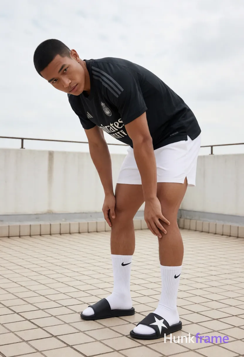 Asian man with medium-tan skin and short black buzz cut, clean-shaven face with light stubble; Standing on a tiled rooftop terrace under diffused daylight, he leans forward with right knee raised at 90 degrees while pulling up a white Nike crew sock over his hairy ankle; He wears a black an anonymous figure jersey with Emirates text, white athletic shorts mid-thigh, and a black slide sandal with a white star detail on the left foot; Full-body vertical shot captures thick thighs and defined calves in a clean composition sportswear editorial style; single clean uninterrupted photograph with a cohesive editorial composition and plain continuous surrounding surfaces