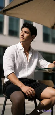 Asian man with light-medium skin, black short hair styled with volume on top and sides swept back, c