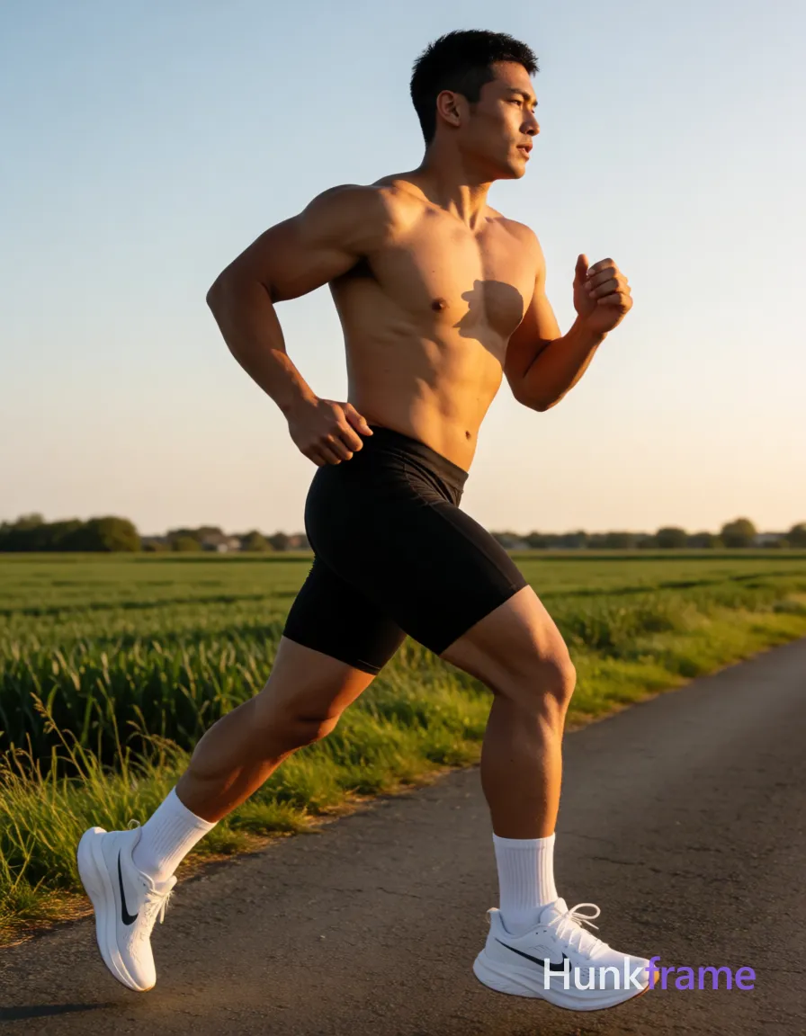 Heavily muscular adult man with substantial muscle mass, wide shoulders, thick neck, large chest and arms, powerful thighs, and dense bodybuilding proportions; An athletic adult man with tanned skin and a short textured dark buzz cut runs mid-stride along an outdoor rural road; He has unobstructed face with both eyes, irises, eyebrows, temples, and nose bridge clearly visible, wearing only short stubble covering his jawline; Shirtless to reveal entire chest, abdomen, back, arms, broad shoulders, defined pectorals, six-pack abs, thick thighs, and lean calves in full-body vertical shot; Black compression shorts cover hips and thighs to mid-thigh; white crew socks pulled up above ankles with white athletic running shoes; Golden hour sunlight from the left creates high-contrast lighting emphasizing muscle definition against green fields under clear sky; Fine-art photography aesthetic capturing confident strength and dynamic stride phase, same aesthetic theme and photo feel as the reference but a different man in a different pose with distinct body proportions, Japanese man, soft masculine features, straight black hair; single clean uninterrupted photograph with a cohesive editorial composition and plain continuous surrounding surfaces