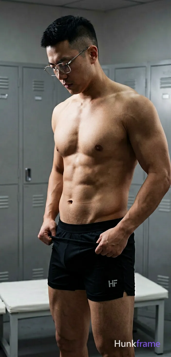 Asian adult man with short dark black high fade hair, clean-shaven face wearing thin metal frame rectangular glasses; Standing in profile facing left pulling up black athletic shorts waistband mid-thigh right side shirtless bare chest six-pack abs thick thighs visible; Indoor locker room setting background lockers white bench surface dramatic directional lighting highlighting musculature sculpted shadows premium editorial aesthetic confident masculine gaze downward focused; The adult man visibly wears thin metal frame glasses worn on the face; clear lenses with no tint; rectangular to slightly rounded shape on his face; preserve the exact frame shape, rim style, color, material, and lens tint; FULL GARMENT TEXT REPLACEMENT: remove every source garment word, sentence, slogan, logo, and partial brand spelling from every existing print area, then replace those source marks with only the wordmark, spelled exactly "HF"; This is replacement, Repeated "HF" marks are allowed only where the source garment already had printed text; preserve appropriate placement, typography, color, and scale; No other visible text, logo, caption, username; single clean uninterrupted photograph with a cohesive editorial composition and plain continuous surrounding surfaces