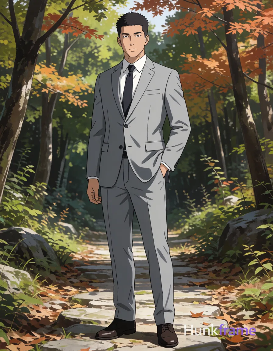 Anime illustration of exactly 1 adult man. Man 1: Asian, medium-light, oval with strong jawline, short black buzz cut, textured top, clean sides and back, clean-shaven smooth skin. Man 1 has fully exposed eyes, eyebrows, temples and nose bridge. Broad shoulders, thick thighs define the athletic masculine build. Standing upright on stone path with left hand in suit pocket. Light gray tailored two-piece suit over white shirt with dark tie. Full-body vertical shot centered with forest background framing subject. Outdoor wooded trail featuring autumn foliage, scattered dry leaves. Natural dappled daylight filtering through canopy creating soft shadows. Fine-art photography aesthetic with sculpted lighting emphasizing form