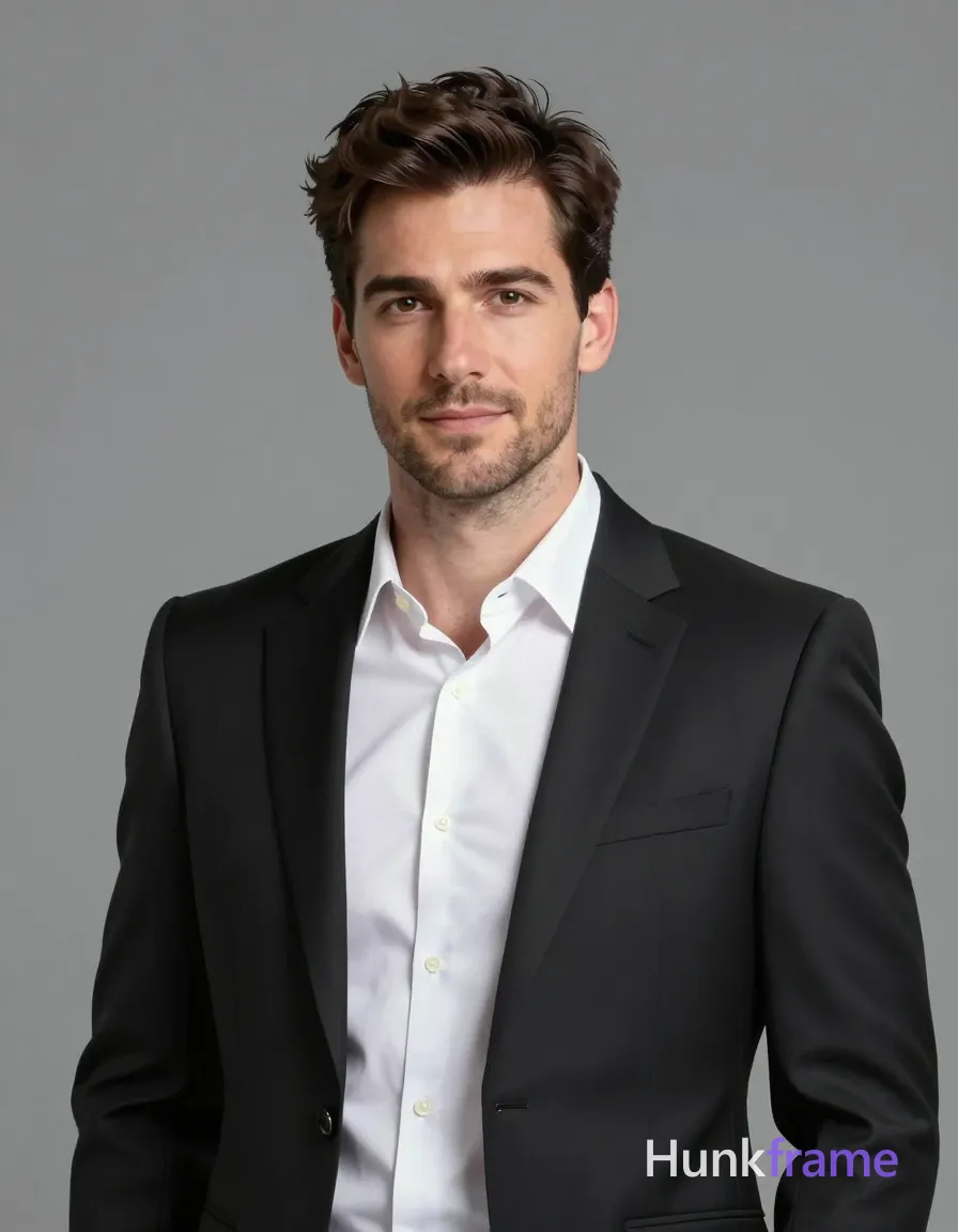 Polished anime style illustration of a Caucasian adult man with short dark brown hair and light stubble, rendered in high-quality 2.5D game art; He wears a black suit jacket over a white button-down shirt with the top two buttons undone, standing against a seamless grey studio background; His head is centered from mid-chest up, shoulders squared to camera with a slight forward lean implied by posture; Softbox frontal lighting creates even exposure on his fair skin texture; single clean uninterrupted artwork with a cohesive composition and plain continuous surrounding surfaces