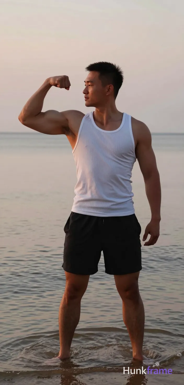 Asian man with medium-dark skin and short dark hair stands in shallow beach water at dusk, flexing right bicep with hand curled into fist near shoulder while left arm hangs relaxed. He wears a white ribbed tank top fully covering torso and black athletic shorts ending mid-thigh; thick thighs planted firmly in wet sand. Soft ambient sunset light creates low-contrast mood on muted pastel sky tones and neutral beige water, rendered as bold flat-color poster with high-contrast color blocking., a single uninterrupted photograph only, no written words or typography anywhere in frame, no captions, no app UI, no social-media post layout, no screenshot borders
