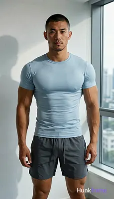 Asian man with short buzz cut and light stubble stands upright facing camera, slight forward lean in