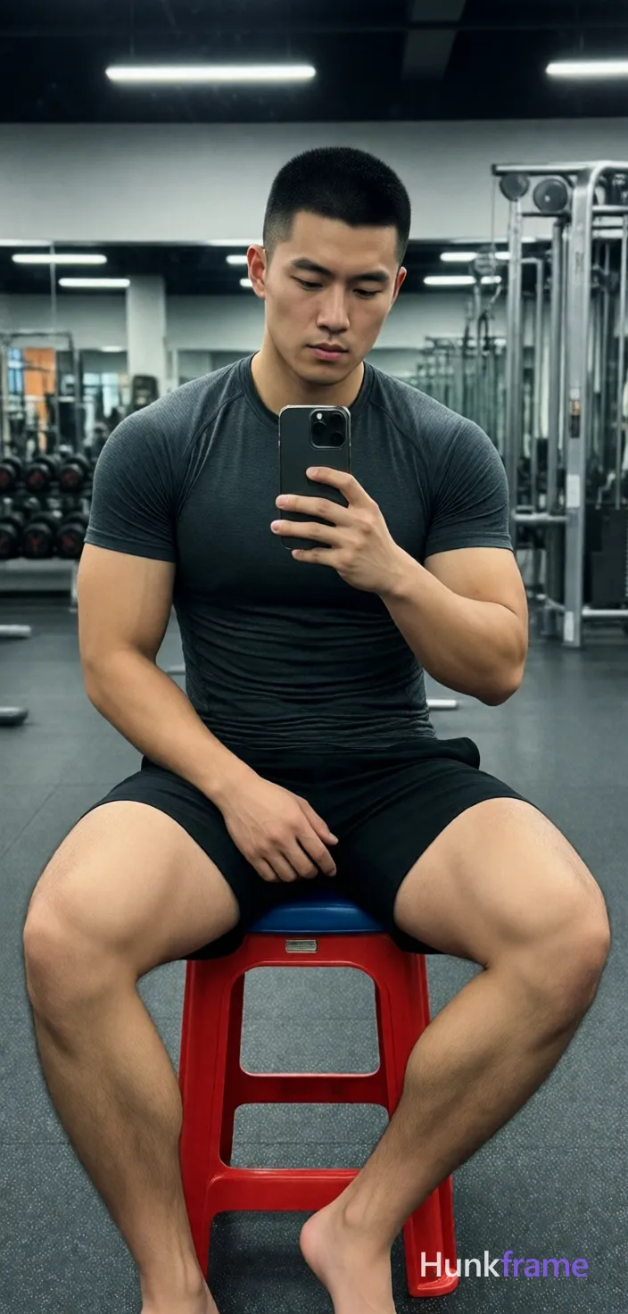Asian man, light-medium skin, short black buzz cut straight texture high forehead clean hairline, clean-shaven face with neutral pensive gaze at phone screen; Seated on red stool with blue cushion in foreground gym interior; right leg bent foot flat floor left leg crossed over right knee left hand resting on left thigh holding black smartphone mirror selfie action dark grey fitted short-sleeve t-shirt covering torso completely black athletic shorts ending mid-thigh fully clothed broad shoulders defined biceps triceps thick thighs visible quadriceps definition; Gym equipment dumbbell rack mirrors background grey rubber flooring overhead fluorescent lighting even illumination dramatic fashion editorial direction premium fine-art photography homoerotic aesthetic vertical portrait 13:19 aspect ratio; single clean uninterrupted photograph with a cohesive editorial composition and plain continuous surrounding surfaces