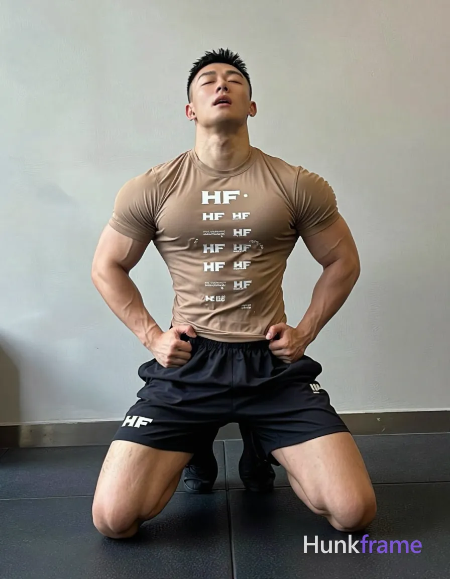 Asian man with short black buzz cut and clean-shaven face, eyes closed mid-exertion mouth open; Highly muscular build with defined pectorals, broad shoulders, vascular arms, thick quads visible veins kneeling on black rubber gym floor torso upright slightly arched back hands clasped between thighs gripping waistband of shorts wearing fitted tan t-shirt white HF text partially obscured and black athletic compression shorts small white logo left thigh; FULL GARMENT TEXT REPLACEMENT: remove every source garment word, sentence, slogan, logo, and partial brand spelling from every existing print area, then replace those source marks with only the wordmark, spelled exactly "HF"; This is replacement, Repeated "HF" marks are allowed only where the source garment already had printed text; preserve appropriate placement, typography, color, and scale, logo, caption, username, hashtag, comment, watermark, or UI chrome, shot on iPhone 15 Pro main camera, authentic smartphone computational photography, natural Smart HDR, vertical 9:16 Xiaohongshu lifestyle post, bright clean gym or cafe scene, wardrobe matching reference; single clean uninterrupted photograph with a cohesive editorial composition and plain continuous surrounding surfaces