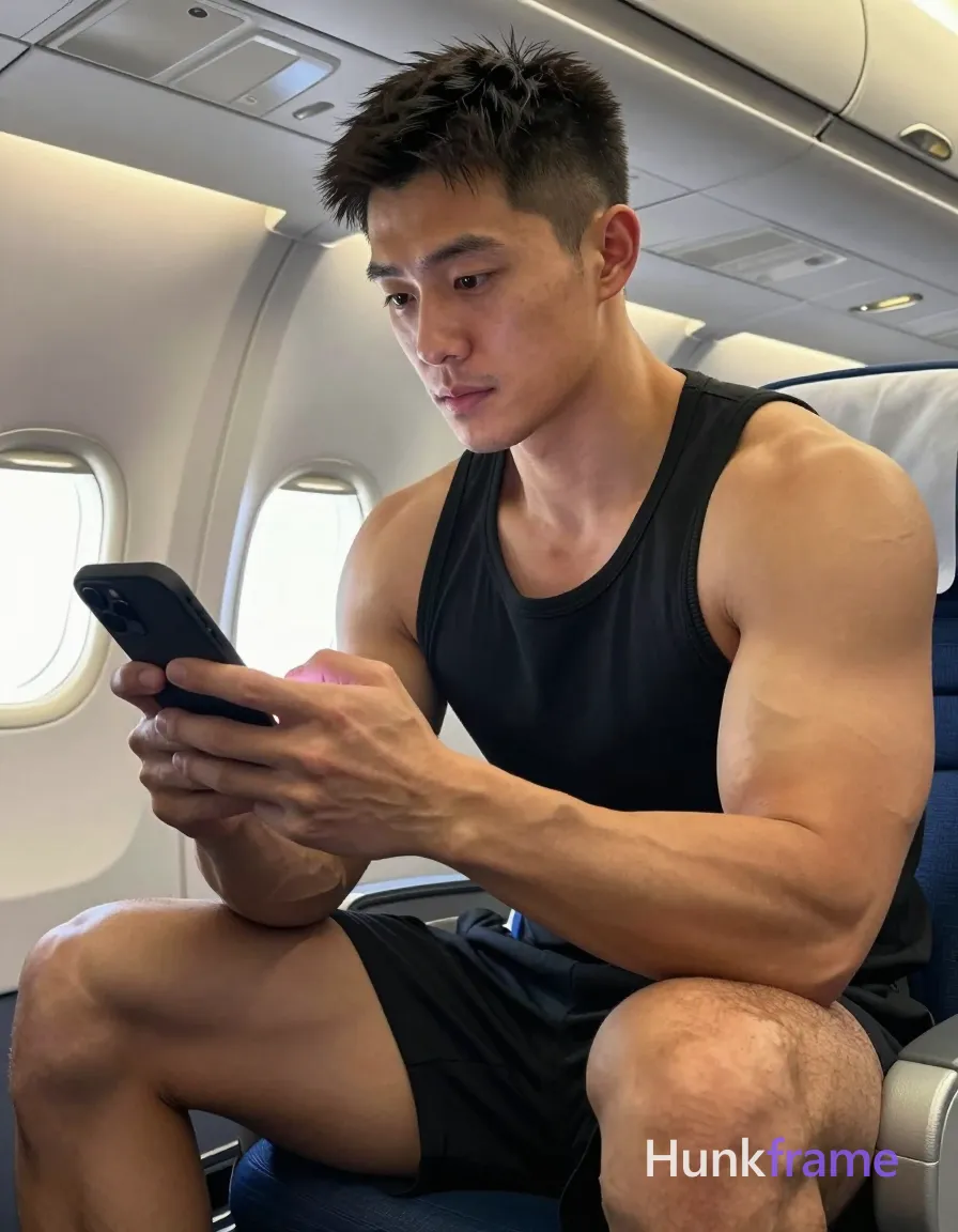Photograph of exactly 1 adult man. Man 1: Asian, light to medium tan, oval with defined jawline, short, dark brown/black hair, textured top with faded sides and back, clean neckline at nape, clean-shaven. Man 1 has fully exposed eyes, eyebrows, temples and nose bridge. Muscular man with broad shoulders, thick thighs seated in airplane cabin. Holding black smartphone against raised right thigh while scrolling on screen. Black sleeveless tank top covering upper torso exposing muscular legs fully. Vertical portrait selfie-style composition occupying right two-thirds of frame. Airplane cabin interior with overhead panels, oval windows in background. Soft ambient cabin lighting mixed with natural light from airplane windows. Fine-art photography emphasizing sculpted physique, thick thighs, and relaxed mood