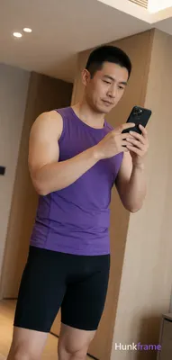 Asian man with short black buzz cut and light stubble stands in a modern apartment living room, righ