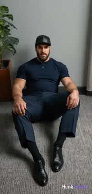 Seated man with thick thighs, legs extended forward slightly apart on gray textu