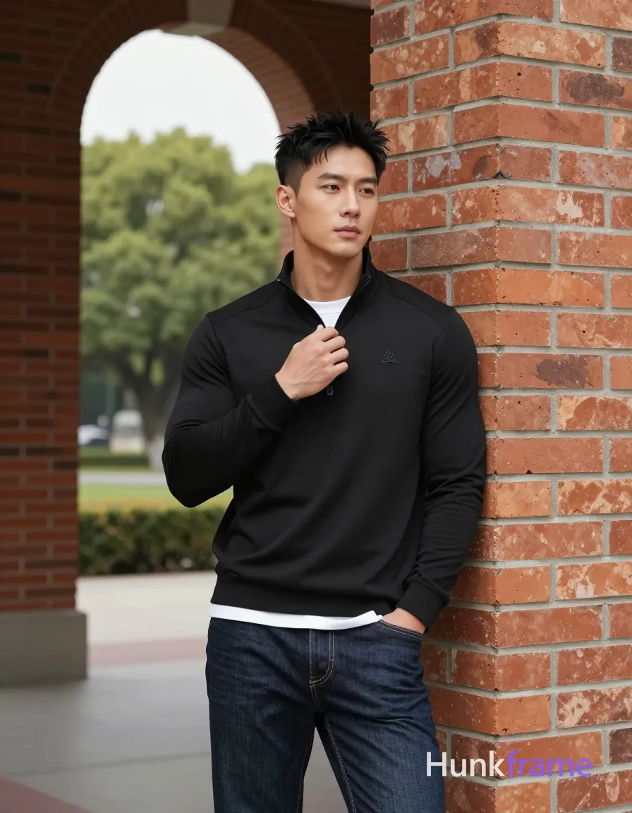 Asian man, light-medium skin, short textured black hair styled upward at the crown with tapered sides and slight flyaways, clean-shaven smooth chin; Standing upright leaning against a red brick pillar on his right side, left hand resting near hip pocket, right hand adjusting collar of black long-sleeve quarter-zip pullover with small embroidered logo on left chest; White crew-neck undershirt visible at neckline and hemline covering upper chest below neck but not the full torso; dark wash denim jeans with visible stitching along front seams from head to mid-thighs; Full-body shot vertical portrait orientation, center-left framed between brick pillar and open archway revealing green trees under overcast sky; Soft diffused daylight highlighting fabric texture and facial structure; Clean composition with strong architectural lines framing subject; Muscle bear aesthetic focusing on rugged warm confidence and lean build with defined shoulders; single clean uninterrupted photograph with a cohesive editorial composition and plain continuous surrounding surfaces