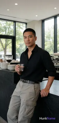 Asian man with medium-tan skin and a short black buzz cut, clean-shaven chin with light upper lip st