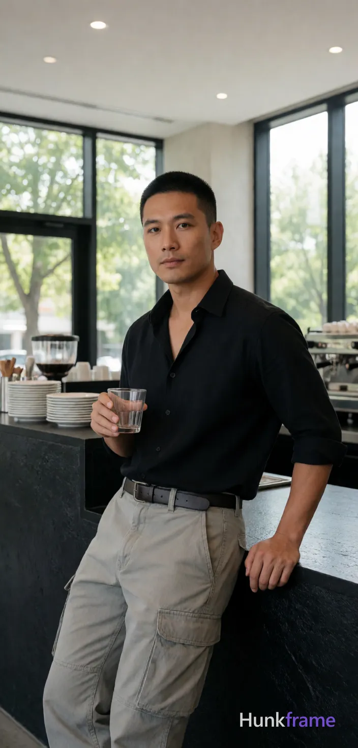 Asian man with medium-tan skin and a short black buzz cut, clean-shaven chin with light upper lip stubble; He leans casually against a textured black counter surface in a modern café interior, right shoulder angled forward while weight shifts onto the right leg; left knee bent flat on floor; Wearing an open-collared black button-down shirt revealing upper chest from collarbone to sternum, sleeves rolled to mid-forearm exposing full forearms including wrists, light gray cargo pants with visible side pockets and belt loops threaded by a dark leather belt; Holding a clear glass tumbler in right hand near chest level, fingers wrapped around the base of vessel; Portrait orientation capturing subject from knees up within interior space, center-right composition occupying vertical frame from head to mid-thighs; Natural daylight streams through expansive window panes creating soft highlights on face and clothing against overhead recessed lighting; background shows large windows revealing green trees outside with stacked white plates and espresso machine components visible behind him; High-resolution commercial photography with; single clean uninterrupted photograph with a cohesive editorial composition and plain continuous surrounding surfaces