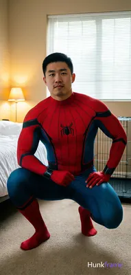 Asian man in full-body Spider-Man spandex suit crouching on beige carpeted floor