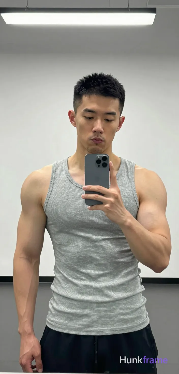 Asian man with short black buzz cut and light stubble stands facing a gym mirror, holding phone for selfie; He wears a tight light grey ribbed cotton tank top covering his torso completely, displaying broad shoulders, defined deltoids, visible biceps, triceps, and tight abdominal definition; Neutral expression with slight pout, focused gaze at screen; Portrait framing from mid-thigh up in clean uncluttered background emphasizing physique under bright overhead fluorescent lighting; single clean uninterrupted photograph with a cohesive editorial composition and plain continuous surrounding surfaces