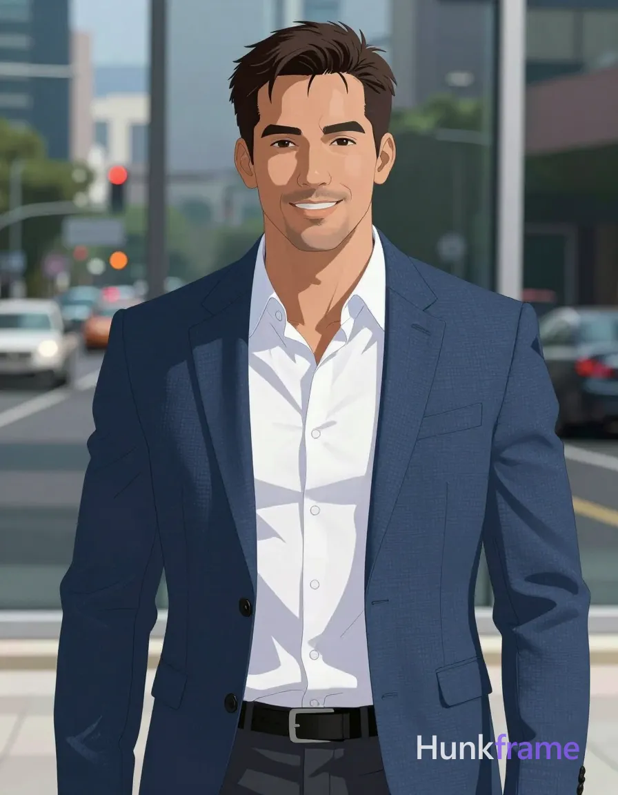 Adult white man, short dark brown hair with receding hairline and straight texture, smiling direct gaze; Wearing a blue textured blazer jacket worn open over a white button-down shirt, fully clothed adult slim build standing upright facing forward with shoulders relaxed and head centered in frame; Polished anime 2.5D next-gen game art style rendering expressive face and athletic anatomy against an urban background with glass windows reflecting street elements including vehicles and traffic lights; Vertical portrait orientation 13:19 aspect ratio, natural daylight creating shallow depth of field with blurred city backdrop, clean composition focusing on subject's face and upper body in high-quality character rendering, same aesthetic theme and photo feel as the reference but a different man in a different pose with distinct body proportions, Thai man, smooth tan skin, gentle eyes, slim toned Muay Thai physique; single clean uninterrupted artwork with a cohesive composition and plain continuous surrounding surfaces