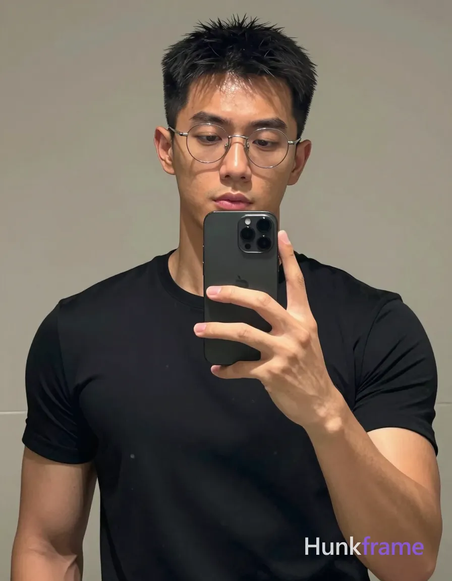 Polished anime style rendering of an an anonymous figure man with light to medium tan skin sheen standing in front of a mirror; He wears thin silver metal rimmed glasses and a black crewneck t-shirt, holding a smartphone for a selfie capture; His lean build is depicted with athletic anatomy under soft frontal lighting reflecting off his forehead and nose bridge; The adult man visibly wears metal rimmed glasses with thin silver frames, round-to-oval lenses; worn on face covering both eyes on his face; preserve the exact frame shape, rim style, color, material, and lens tint; single clean uninterrupted artwork with a cohesive composition and plain continuous surrounding surfaces
