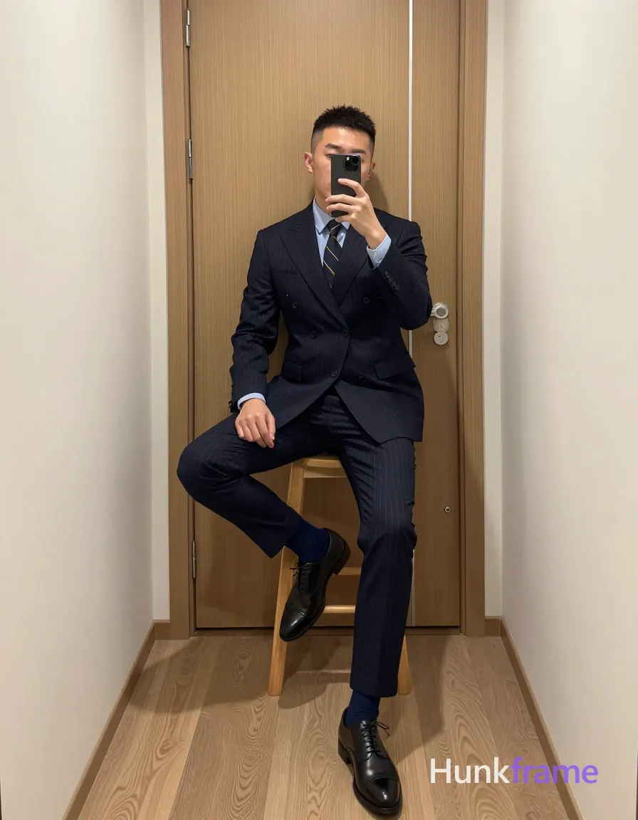 Asian man with light-medium skin and short textured dark crop hair, clean-shaven face taking a mirror selfie; He sits on a low wooden stool in a narrow hallway, right leg crossed over left knee up while holding a smartphone to review the shot; Wearing a navy pinstripe double-breasted suit jacket with peak lapels, slim-fit trousers, light blue collared shirt, dark striped tie, black leather lace-up oxford shoes, and navy wool socks; Full-body portrait centered in mirror reflection against a wooden door with vertical grain pattern framed by cream walls; Soft ambient indoor lighting creates even illumination on the polished minimalist elegance of his tailored attire; single clean uninterrupted photograph with a cohesive editorial composition and plain continuous surrounding surfaces