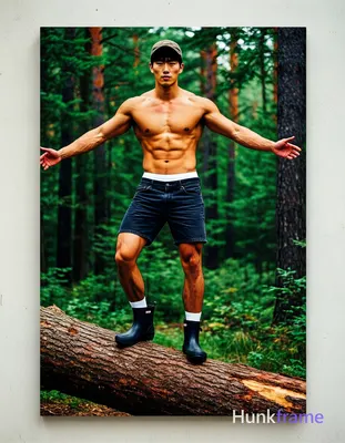 A bold flat-color wall art graphic of a shirtless Caucasian man with light mediu