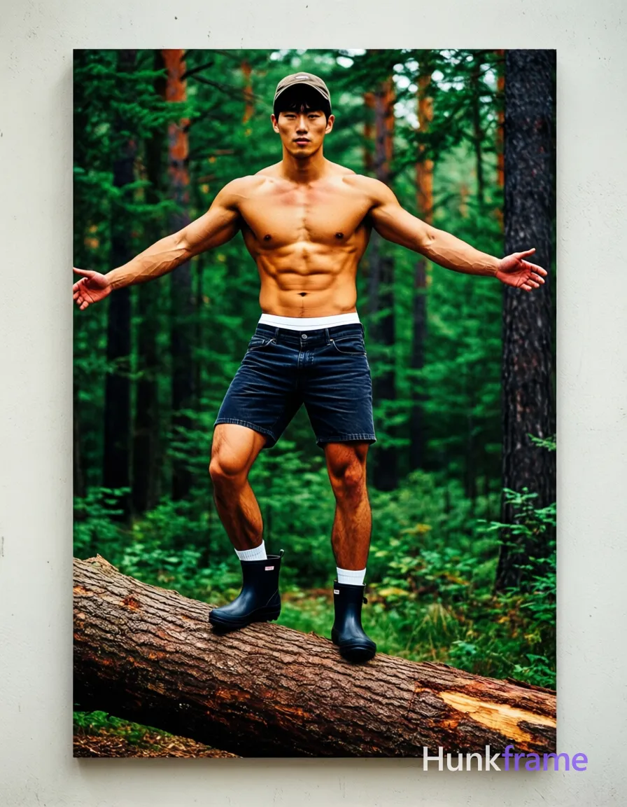 A bold flat-color wall art graphic of a shirtless Caucasian man with light medium tan skin standing on a fallen log; The composition uses high-contrast color blocking to emphasize his broad shoulders, defined pectorals, six-pack abs, and thick thighs against the forest background; He wears dark denim shorts showing the white an anonymous figure waistband, black rubber boots, and white crew socks while balancing with arms extended outward under a cap, same aesthetic theme and photo feel as the reference but a different man in a different pose with distinct body proportions, lean Korean man, sharp jaw, monolid eyes, slim swimmer build, natural black hair; single clean uninterrupted photograph with a cohesive editorial composition and plain continuous surrounding surfaces