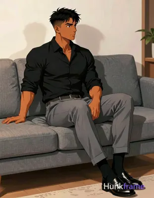Polished anime style rendering of an Asian man with medium-dark skin and short black textured fade h